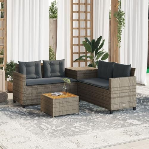 Homgoday Gartensofa in L-Form mit Tisch und Kissen Gartenmöbel Loungesofa Gartenlounge Balkonsofa Lounge Sofa Sitzgruppe Terrassensofa Grau Poly Rattan