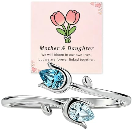 Personalized Mother & Daughter Double Birthstones Tulip Ring, Custom Birthstones Tulip Flower Stacking Ring, Adjustable Wrap Ring Mother's Day Birthday Rings for Mom Grandma Wife