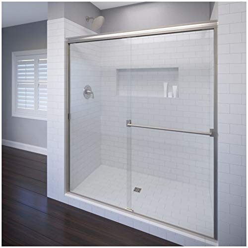 Basco Classic Sliding Shower Door, Fits 40-44 inch opening, Clear Glass, Brushed Nickel Finish