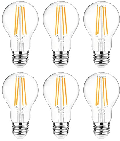 Ascher 60 Watt Equivalent, E26 LED Filament Light Bulbs, Warm White 2700K, Non-Dimmable, Classic Clear Glass, A19 LED Light Bulb with 80 CRI, Pack of 6