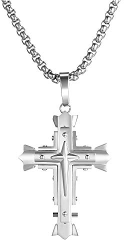 JewelryWe Schmuck Herren Halskette mit Kreuz Anhänger Edelstahl Biker Rocker Religiöse Kette 22 Zoll für Männer Jungen