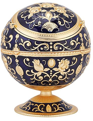 Vintage Windproof Ashtray, Metal Round Ball Shape Ashtray with Lid for Indoor Outdoor Use TV Cabinet End Table Craft Ornaments Dark Blue for Smoking Rooms