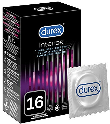 Durex, Intense Kondome – Gerippte und genoppte Kondome mit Stimulationsgel für eine intensive Befriedigung der Frau – 16er Pack