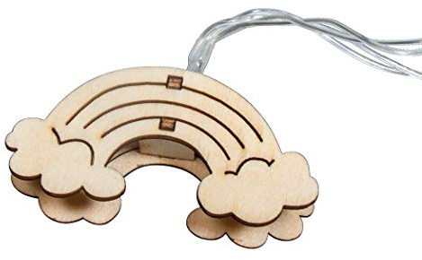 Rayher 69235159 Guirlande lumineuse enfant, Arc-en-ciel, 1 pce., 10 LED, 175 cm, motifs en bois naturel, éclairage blanc, chaud, alimentation à pile, minuterie, décoration
