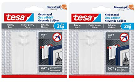 Tesa 77776 Selbstklebende Nagel für Tapeten und Putz/Nägel selbstklebend für empfindliche Oberflächen/Einfach anzubringen und zu entfernen / 2 x 2 kg Haltekraft, 2 kg, 2 Stück