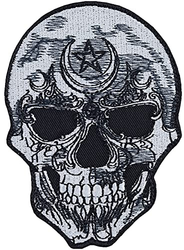 Totenkopf Aufnäher Pentagram Skull head Aufbügler Skull Patch zum annähen/aufbügeln | Skelett Bügelbilder | Heavy Metal Sticker Jeans Flicken Applikation für alle Stoffe | 65x90mm