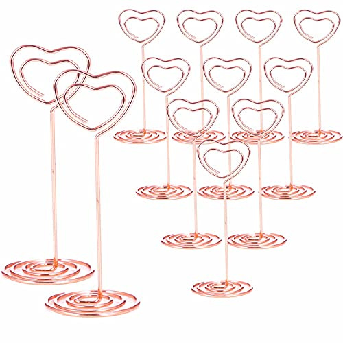 12pcs Table Number Holders Metal, 3.35 inch Place Card Stands for Wedding Centerpieces, Birthday Party - Table Card & Photo Picture Holders (Rose Gold-Heart Shaped)