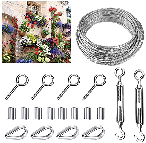 STCRERAG 19 Pcs Catenary Wire Kit, 15m Wire Rope Garden with Stainless Steel Turnbuckle Eye Bolts Wire Tensioner Sleeves Wire Wire Fence Roll Kit for Picture Wire Outdoor Light Hanging Plants Climbing