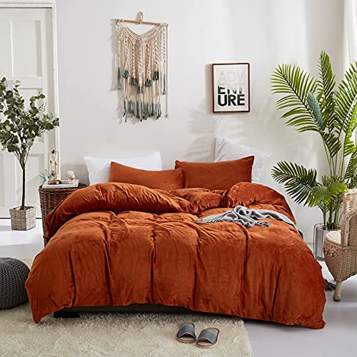 Houseri Velvet Rust Duvet King Size - Fluffy Terracotta Bedding Sets - Flannel Burnt Orange King Size Duvet Cover