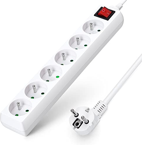 Aigostar Multiprises 6 Prises avec Interrupteur, 2P+T, Extension d'alimentation de 1.5 Mètre, Sécurité Enfant, Française, Blanc, 16A 250V