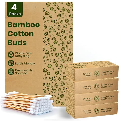 400 bambu-bomullstops |100 % miljövänliga biologiskt nedbrytbara | bomullsullknoppar Q Tips | komposterbara bambuöronsnäckor | återvunnen plastfri förpackning | 4 x 100 öronsnäckor bomull... (400