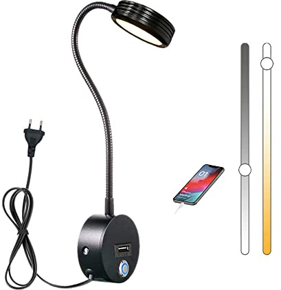 LED Wand Bettlampe, Schalter Touch Mit USB-Ladeanschluss Dimmbar Schwarz | 5W Mit Stecker Schwanenhals Lampe Leselampe Wandmontage, Schlafzimmer Wandlampe, Bett Leselicht Kinder