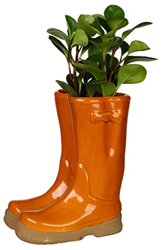 Dibor Large Orange Ceramic Double Wellington Boot Indoor Plant Pot | Ceramic, Wellington Boot Planter, Plant Pot, Flower Pot, Planter, Drainage Hole, Removable Stopper