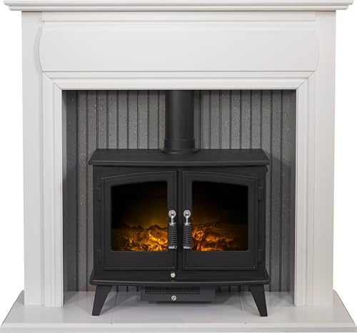Adam Florence Stove Fireplace in Pure White with Woodhouse Electric Stove in Black, 48 Inch