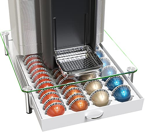 DecoBrothers Crystal Tempered Glass Vertuo Pod Holder Drawer, 24 Large or 48 Small Nespresso Capsule Organizer, White