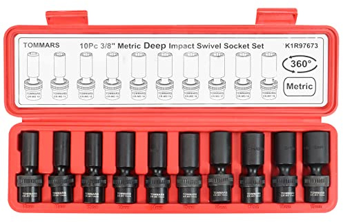 TOMMARS 3/8-Zoll-Antrieb Universal Swivel Impact Steckschlüsselsatz tief, 6 Punkt Wobble Flexible Steckschlüsselsatz metrisch 10-19 mm CR-MO Stahl
