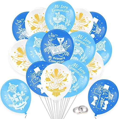 DPKOW 30pcs Azul Mi Primera Comunión Globos Decoraciones Niños, Globos de Látex para Azul Primera Comunión Decoraciones, Mi 1era Comunion Globo Decoración
