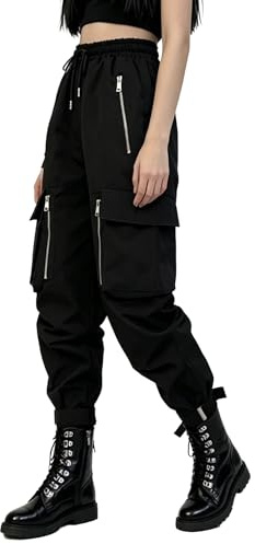 Pantalon cargo DINGJIUYAN pour femme - Style harem Y2k, boyfriend gothique - Pantalon à multiples poches avec cordon de serrage et fermeture éclair - Pantalon décontracté, 02 - Noir, XXL