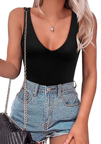 SAUNGKUAI Women’s Bodysuit Sexy Plunge Deep V Neck Backless Sleeveless Tank Thong Body Suits Outfits for Going Out Black S