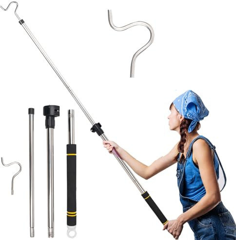 Frebuta Heavy Duty Closet Hanger Reaching Pole,36 to 65 Clothes Hook Pole Telescoping Pole S Hooks for Plant Stainless Steel Pipe Sturdiness Lightweight Non-Slip Soft Sponge Handle Rod