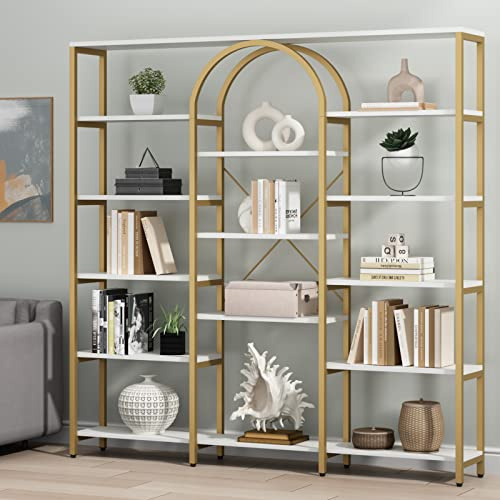 Gyfimoie Triple Wide Gold Bookshelf, 70.87 W x 71.34 H Large Modern Etagere Bookcase, Tall Display Shelf with 13-Tier Open Shelves, Freestanding Staggered Storage Shelf for Home Office (White/Gold)