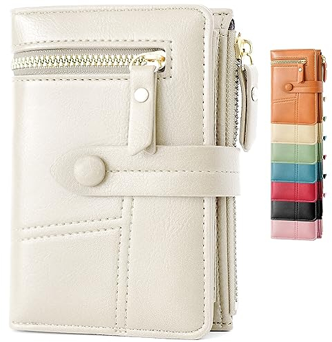 Lakpopya Geldbörse Damen 14×10cm, Geldbeutel Viele Fächer, Portemonnaie Damen PU Leder mit Münzfach (beige)