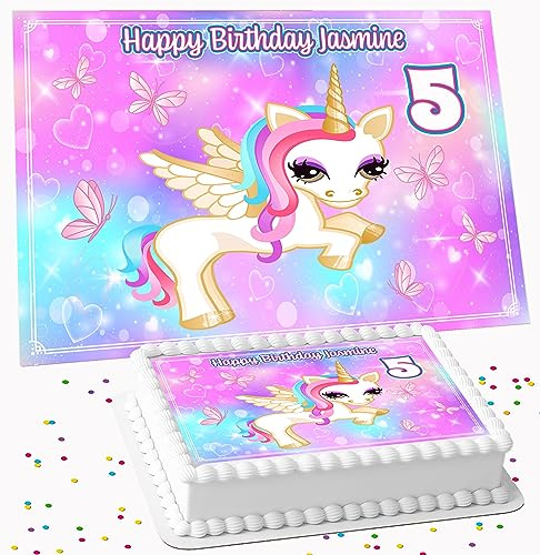UNICORN PINK PERSONALISED BIRTHDAY PARTY ICING EDIBLE LARGE CAKE TOPPER DECORATION SUITABLE FOR USE ON COSTCO CAKE R5-003