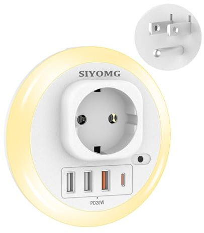 SIYOMG Regleta USB USA a EU con luz nocturna LED de 6 colores, adaptador de enchufe 5 en 1 con cargador USB 2 (3.1A), 1 puerto QC y 1 puerto tipo C (PD20W), conector adaptador de zócalo múltiple 4000W