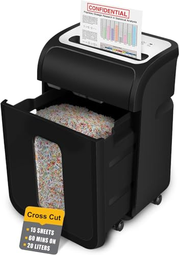VidaTeco 15 Sheet Cross-Cut Paper Shredder for Home Office, Heavy Duty 60-Minute Shreds Paper/Credit Card/CD Office Shredder, Security Level P-4 Jam Proof System 20L Pullout Bin with 4 Casters