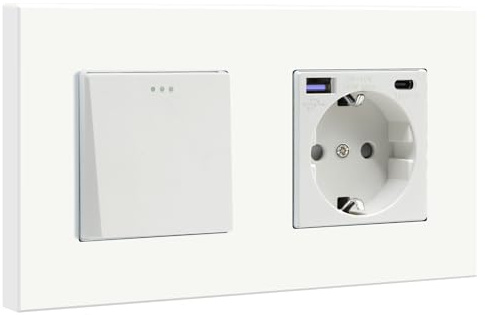 BSEED Lichtschalter mit USB C Steckdose Schnellladung 20W, 1 Fach 1 Weg Taste Schalter mit Schuko Steckdose unterputz, Wandschalter, PC Rahmen- Weiß