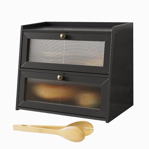 K KELBEL 2 Etagen Bambus Brotkasten,Doppelstöckig Brotkasten für Küche und Ecke,Große Kapazität Brotbehälter für Brot Aufbewahrung mit Fensterbrothalter,40 x 25 x 33cm Schwarze