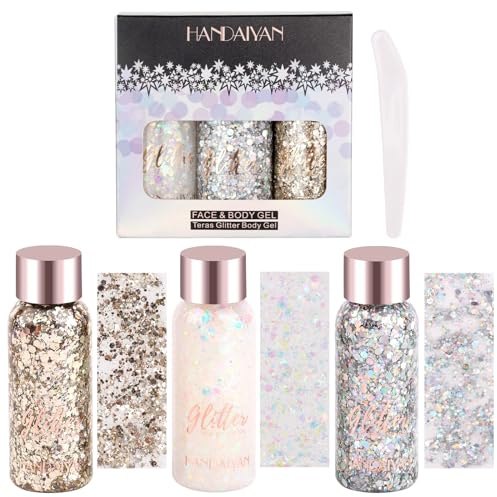 RISVOWO Purpurina Car, Paquete de 3 Glitter Maquillaje, Cuerpo Purpurina, Cabello Glitter, para Cara, Cabello, Labios, Uñas, Maquillaje, Fiesta (Plata, Oro, Blanco)