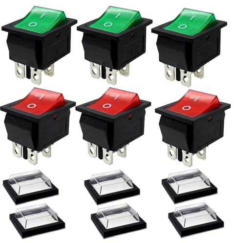 6 Stück Wippschalter Beleuchtet AC 250V 16A 125V 20A Kippschalter 4 Pins | On/Off Geräteschalter mit Wasserdichte Abdeckung für Verschiedene Arten Von Elektrischen