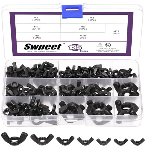 Swpeet 135Pcs Schwarz hochfester Kohlenstoffstahl gezackte metrische Flügelmuttern Schmetterlingsmuttern Hex Dome Cap Sortiment Kit, 7 Größen bis M3 M4 M5 M6 M8 M10 M12