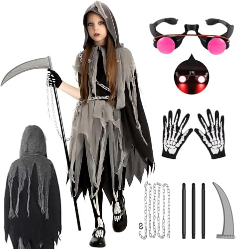 Costume Morte Bambino - Vestito Carnevale Costume da Mietitore per Bambina, Costumi Cosplay Halloween con Occhiali Luminosi Falce Guanti da Scheletro, Carnevale Mantello Halloween con Cappuccio
