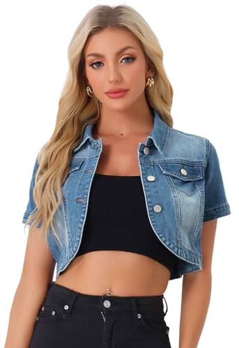 Allegra K Blouson en Jean Court Femme Veste Court en Denim Délavé