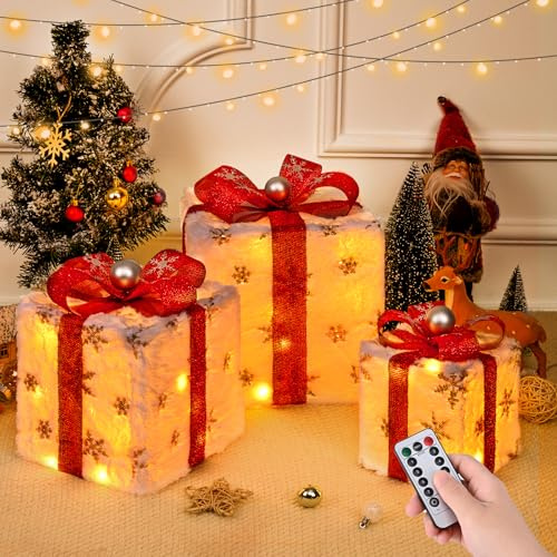 Livofloral LED Geschenkbox 3er Set Weihnachten Dekor LED Weihnachtsdeko mit 8 Beleuchtungsmodi Weihnachtsbox Außen Innen, Beleuchtet Weihnachten Geschenkbox für Weihnachtsbaum Fenster Garten (Weiß)