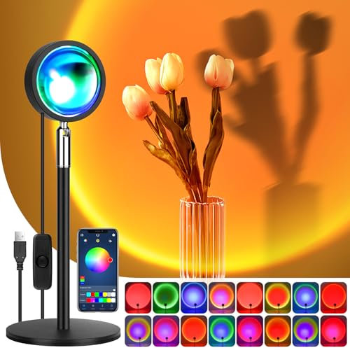 DAMAHOU Sunset Lamp,RGB Sunset Light with Bluetooth App Smart Control,Sounds Recognition Function Projection with Solid Metal Base for Home Decor