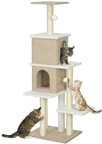 PawHut Árbol Rascador para Gatos de Borreguito, 140 cm, Marrón Claro