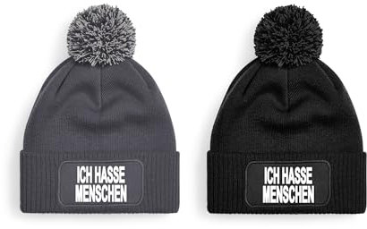 Generisch One Size Beanie mit Pompon, Bommelmütze mit Spruch: Ich Hasse Menschen (DE/NL/SE/PL, Alphanumerisch, Einheitsgröße, graue Mütze)