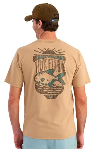HUK Mens Pocket Tee, Comfortable Performance Fishing Short Sleeve T-Shirt with Chest Pocket, Permit Sun - Marl, Large