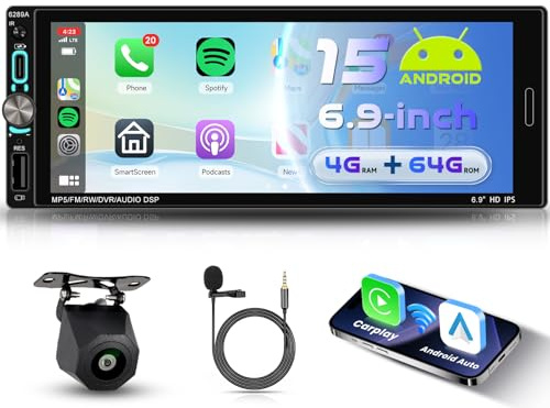 VECHTEL Radio Coche 4G+64G Android 15 con Carplay Android Auto Inalámbrico, Autoradio 1 DIN con Pantalla Táctil 6.9'' IPS HD con Bluetooth 5.0 GPS Wi-Fi Radio FM RDS USB/Tipo-C Enlace Espejo Cámara