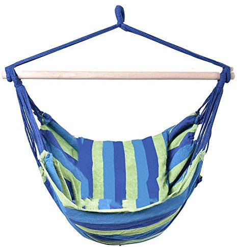 Hollywoodschaukel aus Baumwollgewebe, mit Holzstange und Kissen, leicht und tragbar, max. 150 kg, gestreift, für drinnen und draußen, 100 x 130 cm, Blau