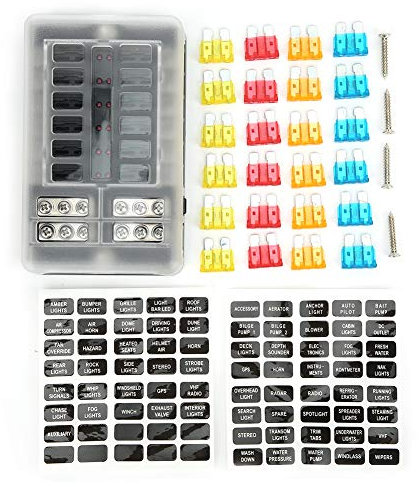 Caja de fusibles de cuchilla, bloque de fusibles automático de 12 vías, panel de fusibles de cuchilla estándar ATO ATC 12-32V con indicador LED, cubierta de protección, perno M5 for automóvil, barco,
