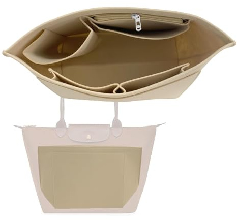 HYEPNED Bag Organizer für Longchamp L Tasche - Organiser for Longchamp Pliage, Purse Organiser, Multi-Pocket Felt Handbag Organiser for Insert Wallet, Organiser for Longchamp (Khaki, M)