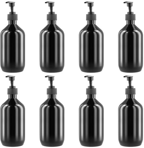 JIEHIN 8 Pezzi Bottiglie Vuote con Pompa a Pressione, 500 ml Dispenser di Sapone, Bottiglia Dosatore Contenitore Plastica per Olio Essenziali, Sapone, Shampoo, Cucina, Bagno, nero