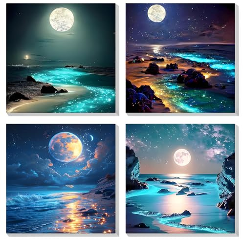 MOGTAA 4 Pack Luna y Costa Pintar por Numeros Adultos Principiantes con Marco, Kit DIY Cuadros para Pintar por Numeros, Paint by Numbers Kits, Decoración para el Hogar 20x20cm