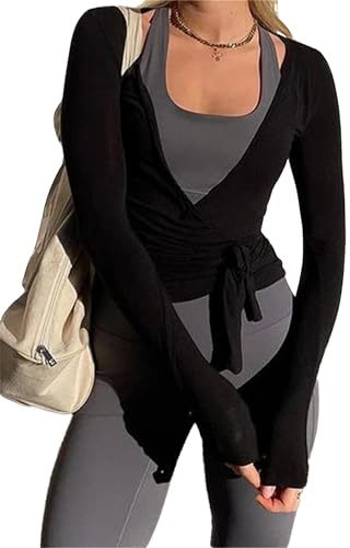 Felcia Frauen Y2k Ballett Wrap Top Langarm Tiefer V-Ausschnitt Slim Fit Yoga Pilates Ballet Workout Tops Frühling Kleidung