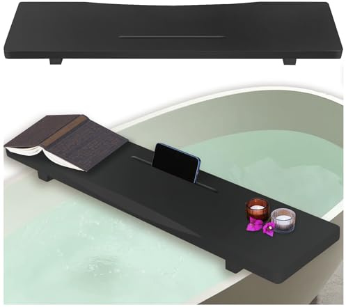 Stilvolle schwarze Bambus-Badewannen-Ablage mit verstellbaren Beinen, minimalistisches Design, Badewannenzubehör für die meisten freistehenden Badewannen, Idee für Frauen