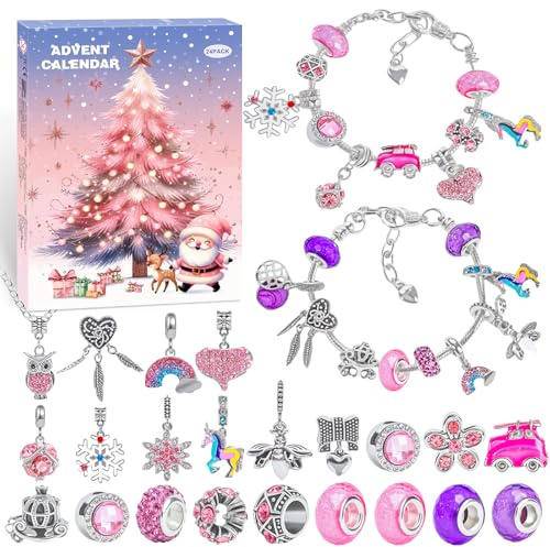 Adventskalender 2025 Kinder Mädchen, 24 Tage Weihnachtskalender Schmuck mit 21 Perlen, 2 Armbänder, 1 Halskette, Weihnachten Geschenk Mädchen 5 6 7 8 9 10 11 12 13 Jahre